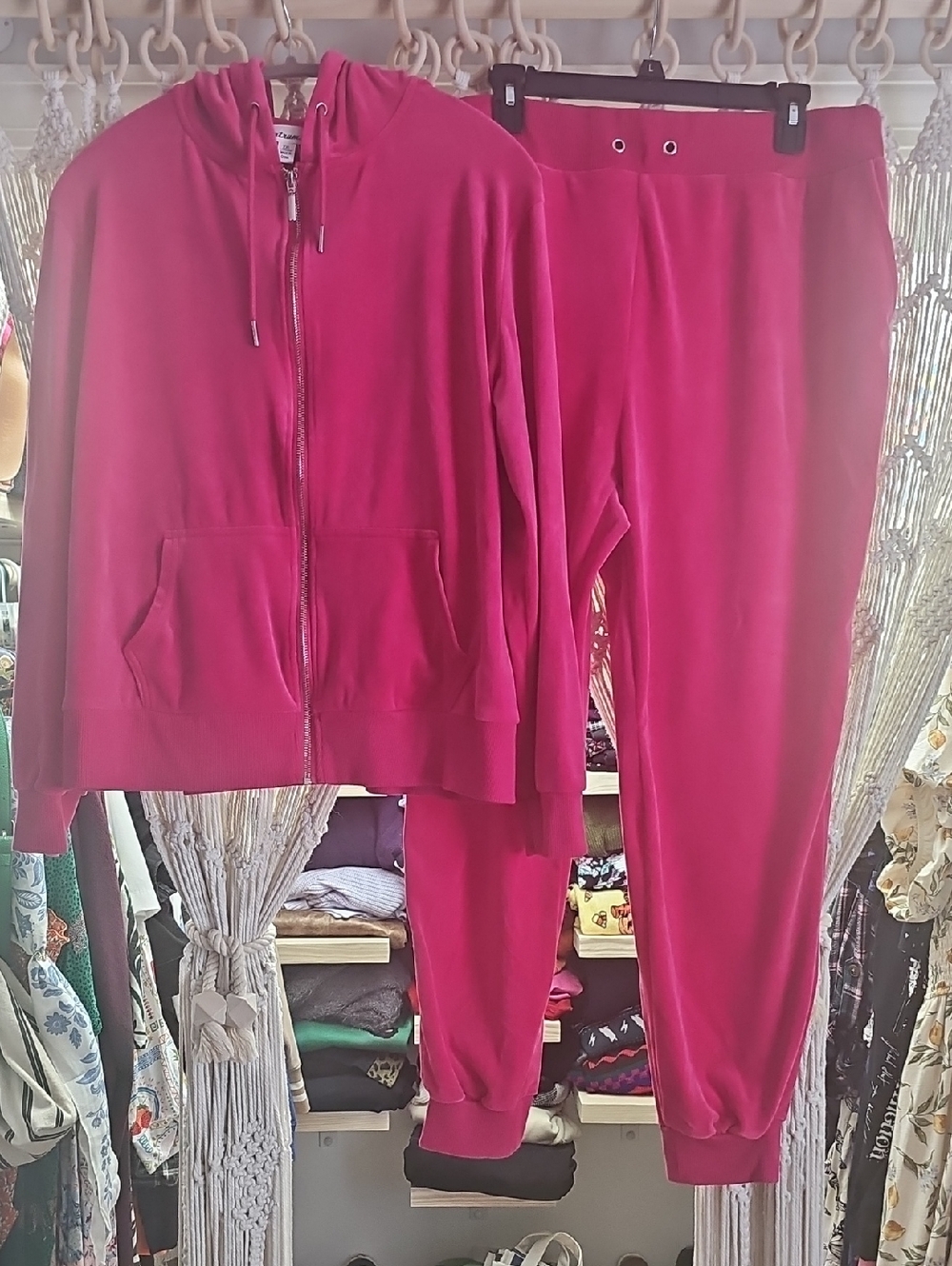 Tantrums Fuchsia Velour Zip Hoodie & Joggers Set